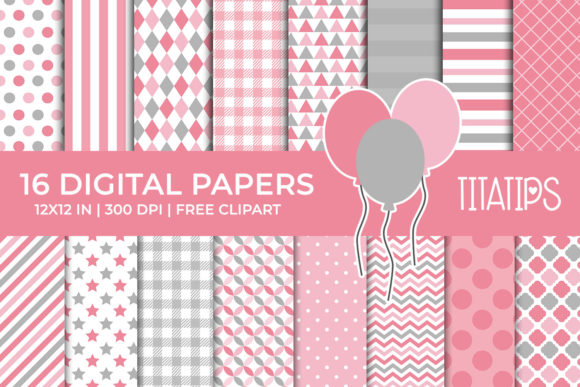 Pink and Gray Digital Paper Set